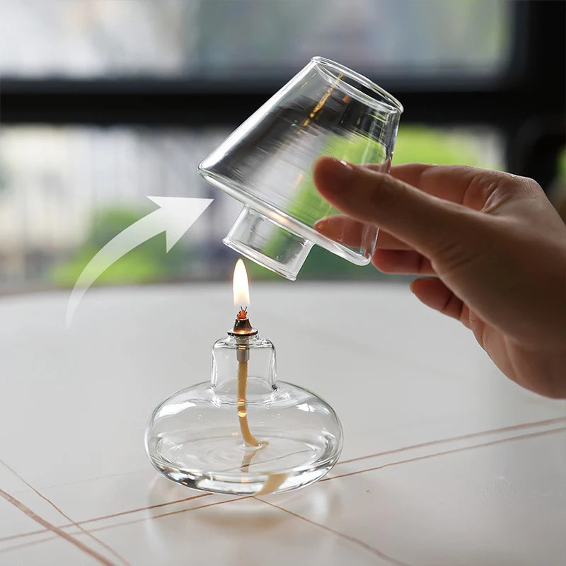 Hand-Blown Clear Glass Oil Lamp Lantern – Windproof Candle Holder for Home, Wedding & Patio