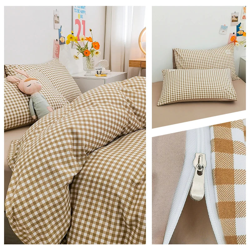 100% Cotton Plaid Stripe Duvet Cover Set - 3-Piece Breathable Washed Twill Bedding (1 Duvet Cover + 2 Pillowcases)