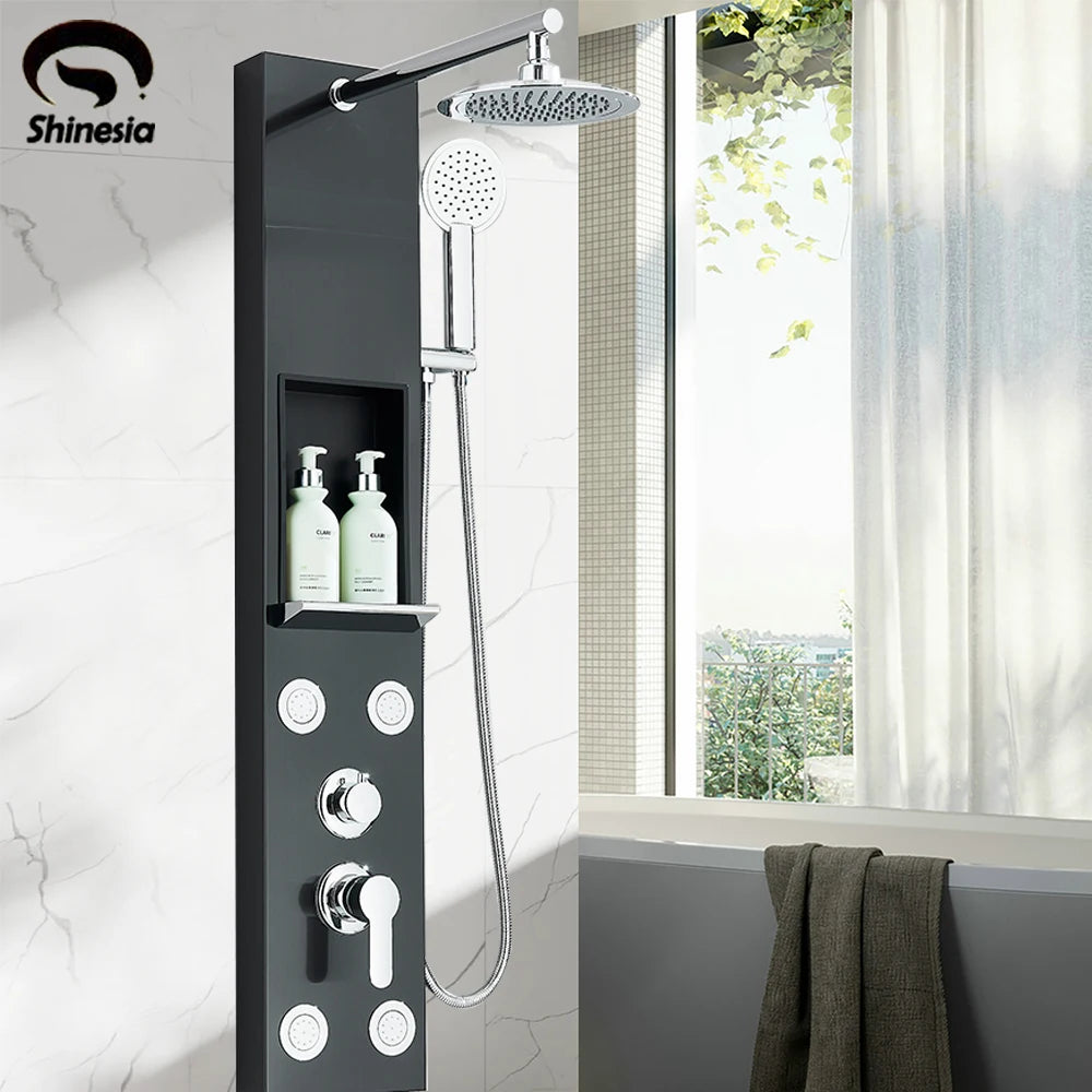 Black Shower Panel Column with Rain & Waterfall Shower Head, Massage Jets and Mixer Faucet