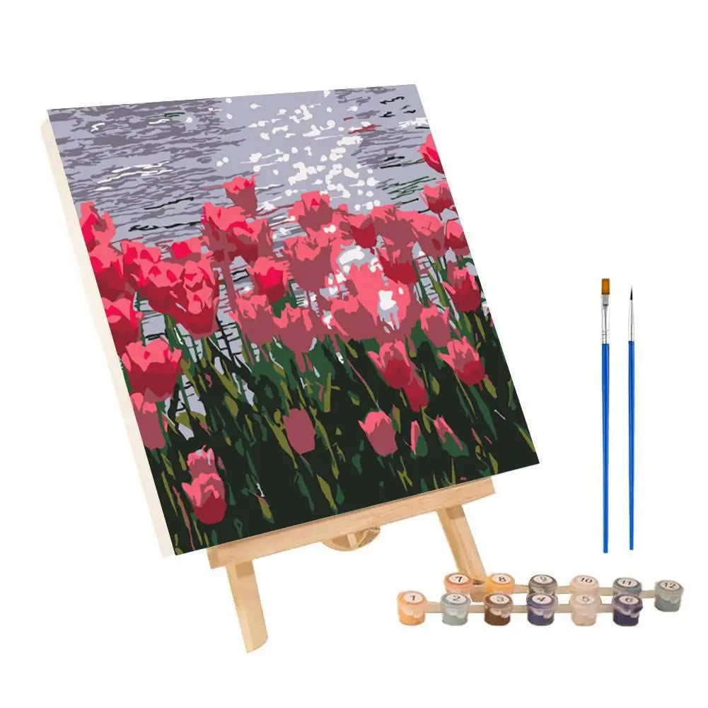 Framed Paint by Numbers Kit - Abstract Sunset Landscape, 20 x 20 cm (7.9 x 7.9 in) Canvas | DIY Gouache Painting Kit for Home Decor