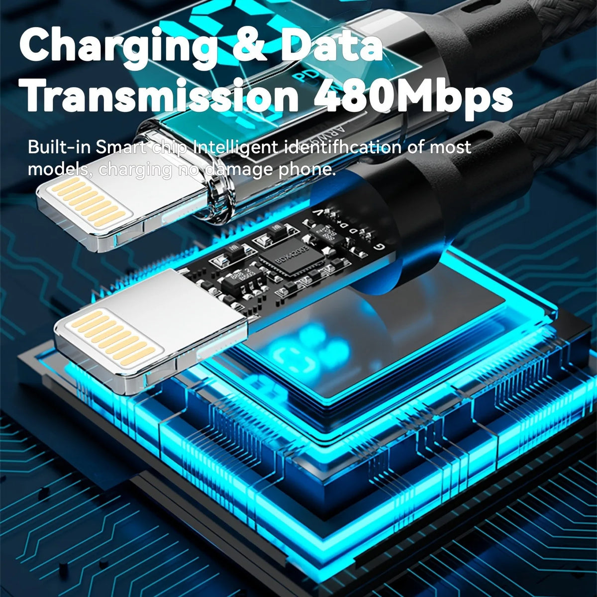 27W PD Fast Charging MFi Lightning Cable with LCD Power Display — Transparent Braided USB-A/USB-C to Lightning, Data Sync & Charging