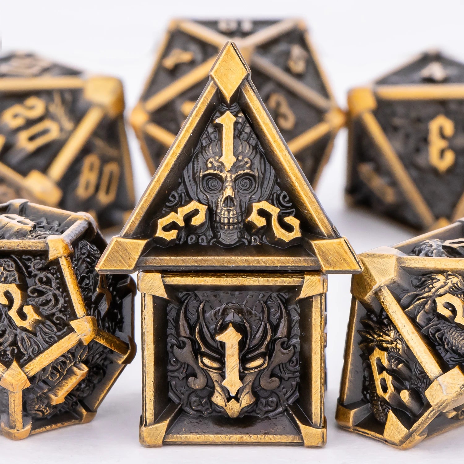 Skull and Dragon Metal Dice Set - 7-Piece Polyhedral DnD Dice for Dungeons & Dragons Tabletop RPG