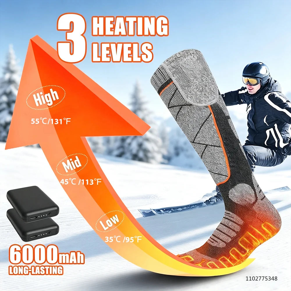 Rechargeable Heated Socks 6000mAh Electric Thermal Ski & Snowboard Foot Warmers for Winter Outdoor Sports