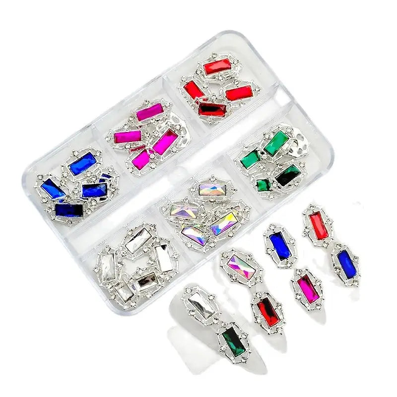 6-Grid Nail Rhinestone Kit – Saturn, Planet & Cross Crystal Nail Charms for Nail Art