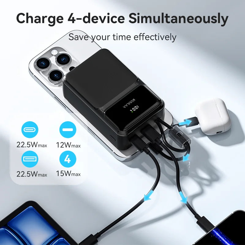 30000mAh 22.5W Portable Power Bank with Built-in Cables — Fast Charger USB-C & USB-A, 4-Device Portable Charger