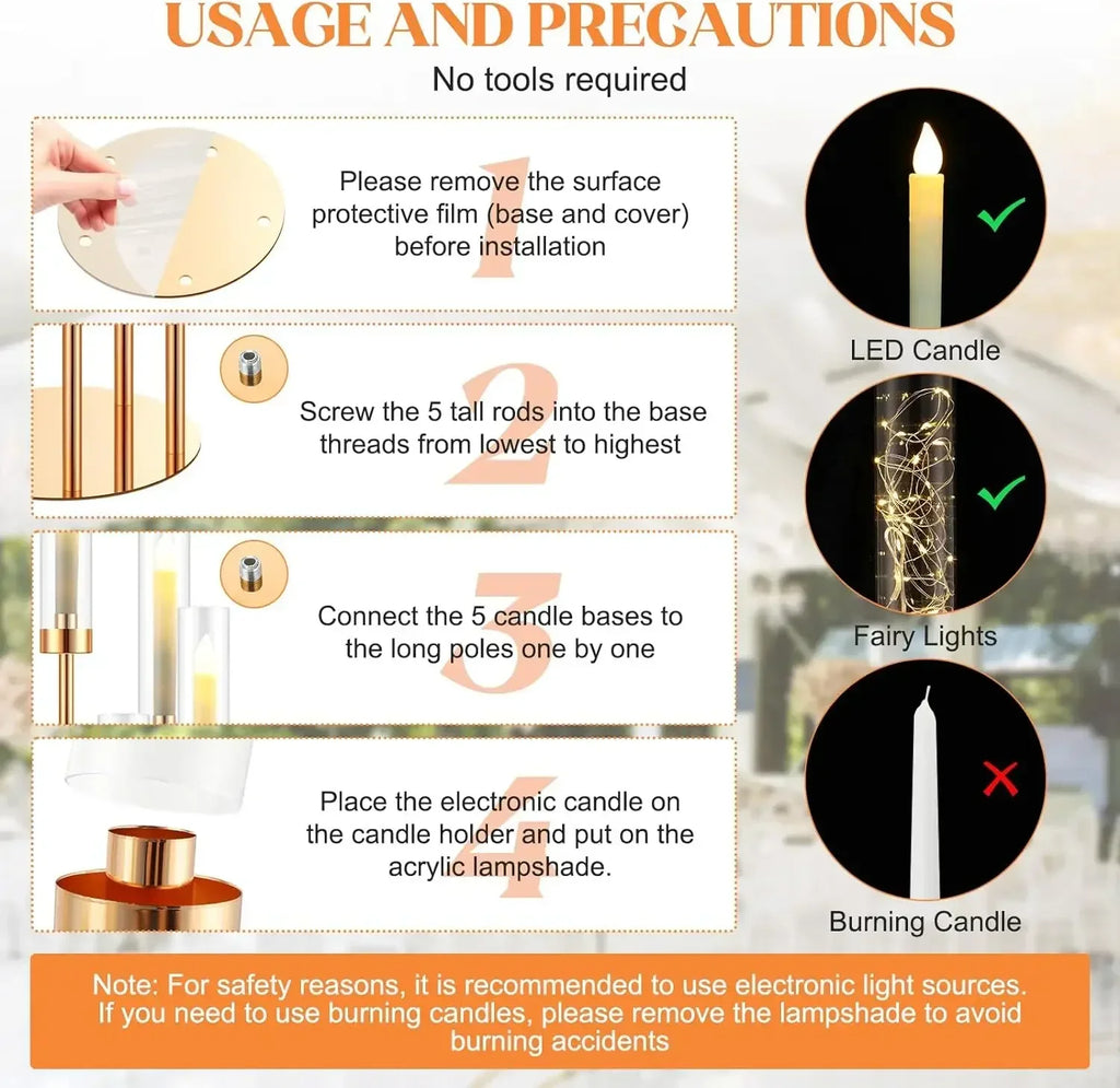 5-Arm Floor Candelabra 42.5 in (108 cm) Gold Metal Candle Holder with 5 Acrylic Shades for Wedding Centerpiece