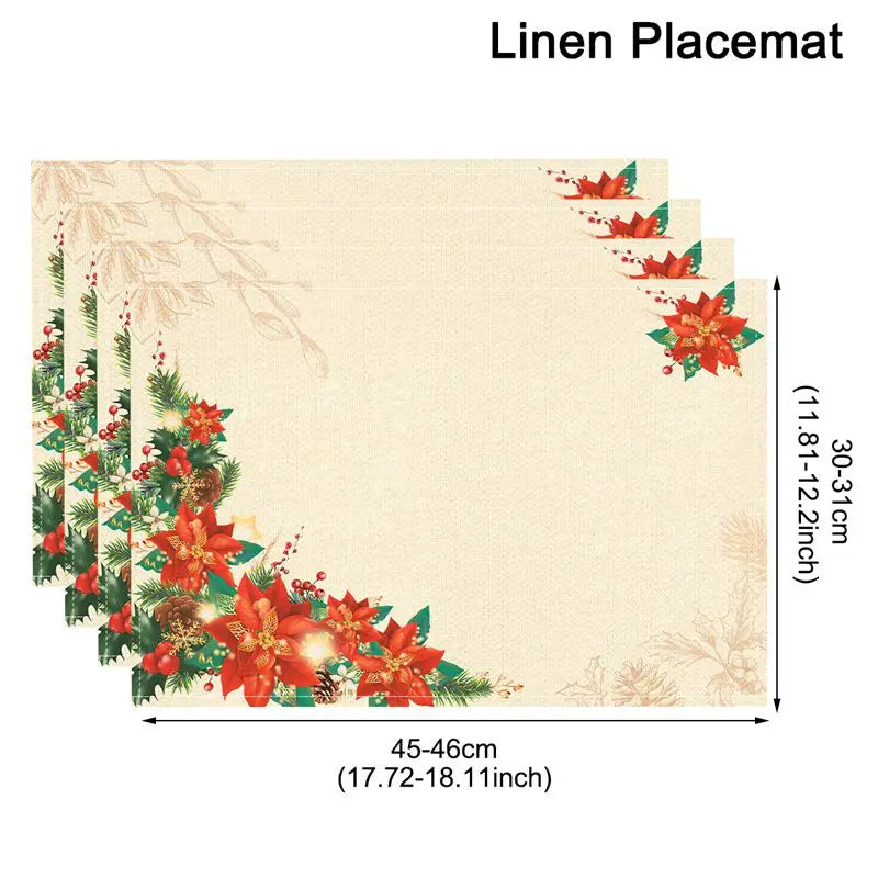 Linen Christmas Tree Placemats – Holiday Rectangle Table Mats for Kitchen & Dining, Navidad Noel