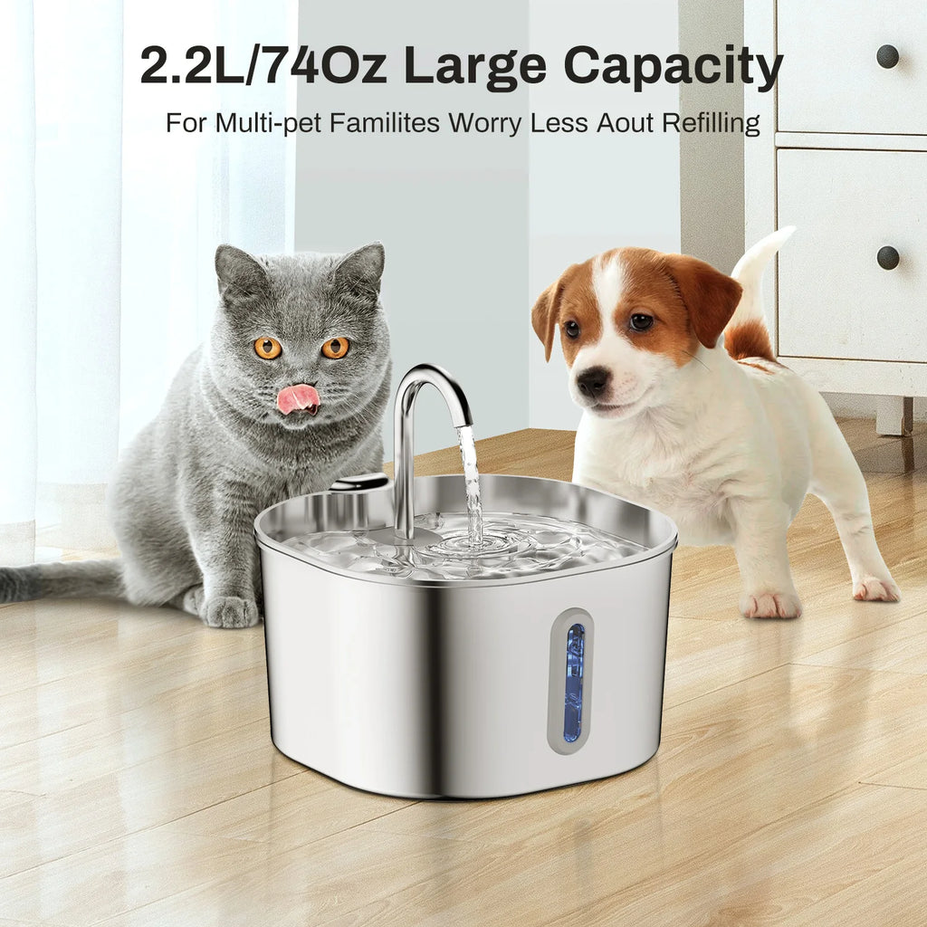 Stainless Steel Cat Water Fountain 2.2L (74 fl oz / 0.58 gal) Filtered Pet Water Dispenser with Ultra-Quiet Pump for Cats & Small Dogs