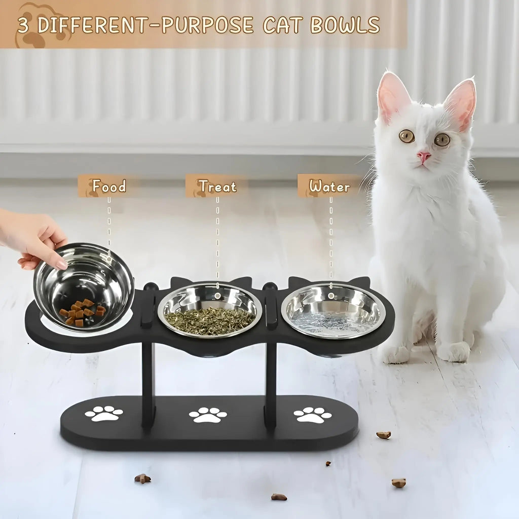Elevated Stainless Steel Cat Bowl with Black Wooden Stand — 15° Tilted Pet Feeder