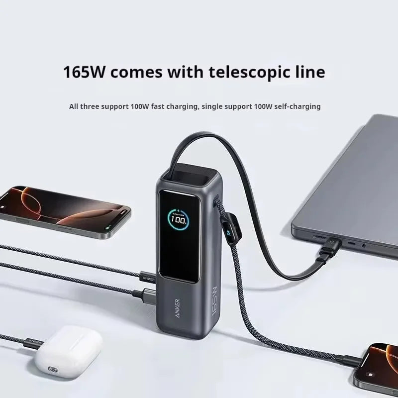165W 25000mAh Portable Power Bank with Retractable Cables, 100W USB-C Fast Charge, Dual USB Output, Lightweight Metal Charger