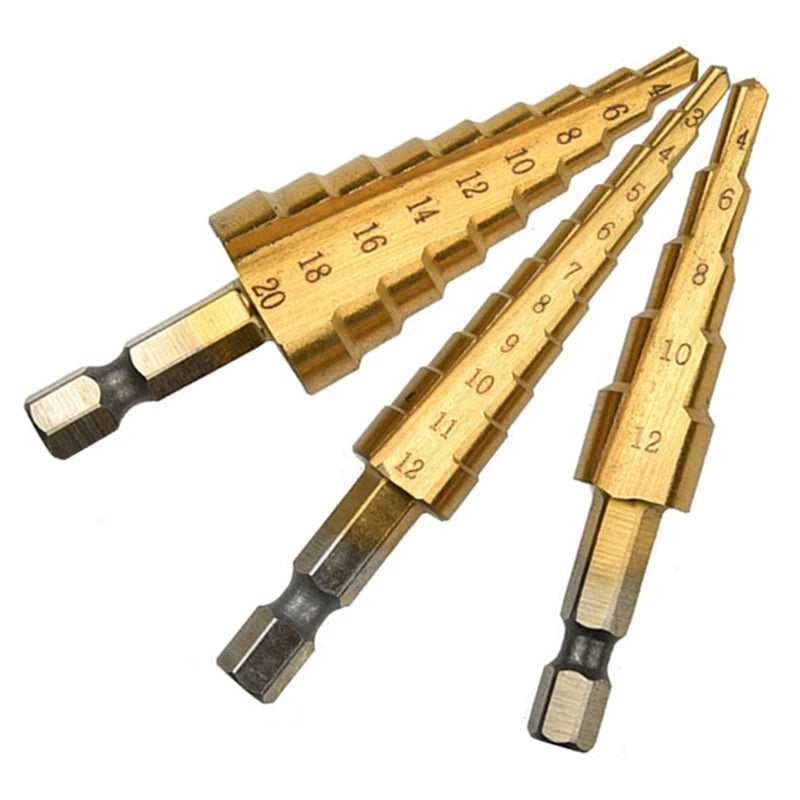 Titanium Plated Step Drill Bit Set Hex Shank Straight Groove — 3–32mm (0.12–1.26 in)