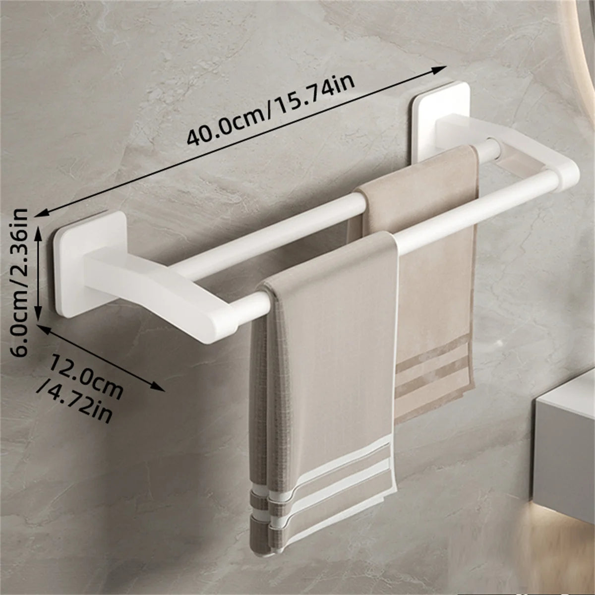 Self-Adhesive Double Towel Bar No-Drill Bathroom Towel Rack White/Gray
