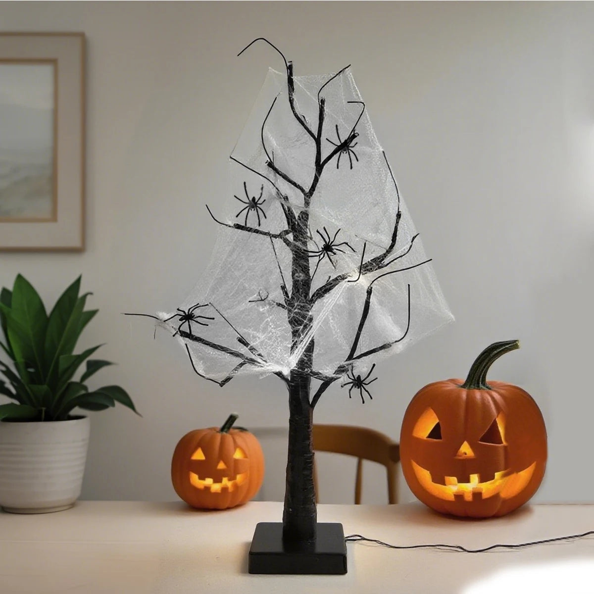 24-LED Black Birch Tree Table Lamp with Stretch Cobweb & 5 Spiders – Halloween Party LED Home Decor