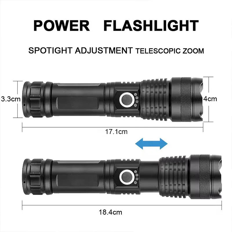 High-Power Rechargeable LED Tactical Flashlight, Aluminum Telescopic Zoom, USB-C, IPX65 Waterproof for Camping & Fishing