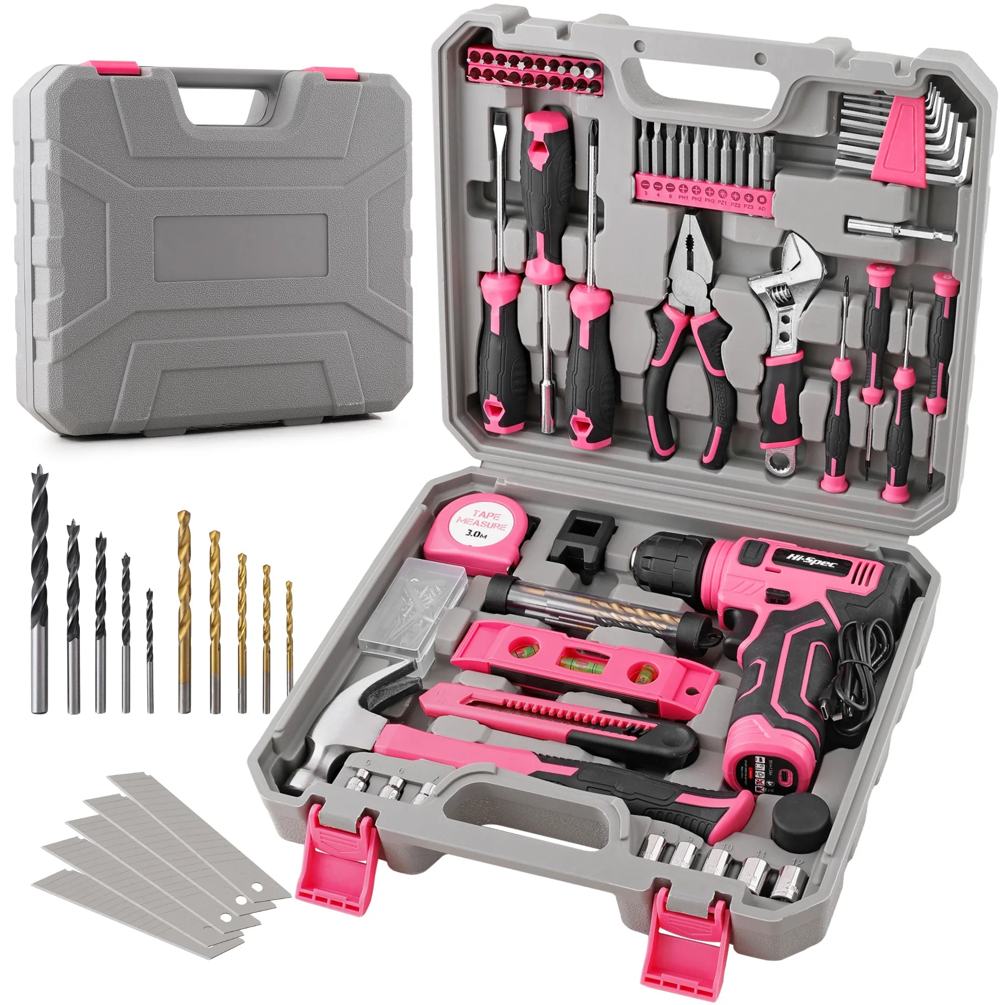 133-Piece Pink Power Tool Set with 8V Lithium Cordless Drill, Magnetic Precision Bits & 3-Tier Toolbox