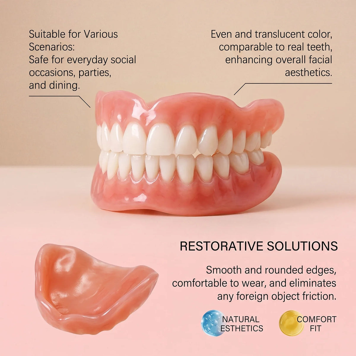 Custom Upper & Lower Full Mouth Silicone Dentures, Lifelike Natural Teeth and All-Day Comfort