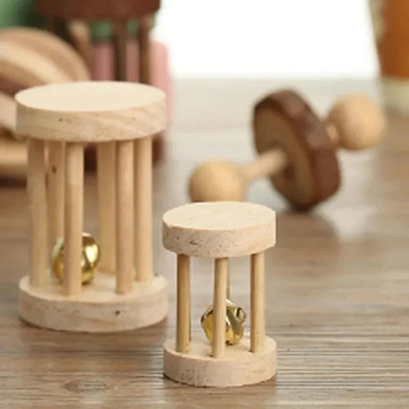 Wooden Pine Chew Roller Toy for Rabbits, Guinea Pigs & Rats - Dumbbell Unicycle Bell for Small Pets