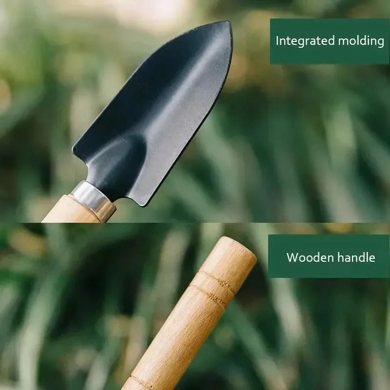 3-Piece Mini Gardening Tools Set - Portable Trowel, Rake and Harrow with Wooden Handles for Indoor Plants and Soil Loosening
