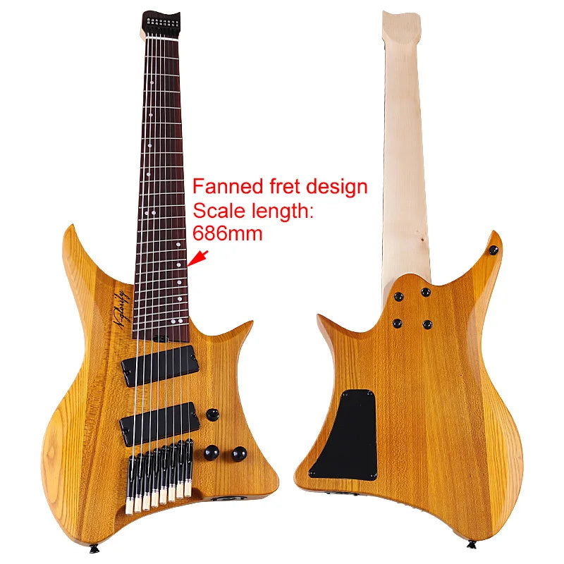 Fanned-Fret 8-String Headless Electric Guitar – Solid Ash Body, Maple Neck, Rosewood Fingerboard, 686mm (27") Scale, Matte Finish