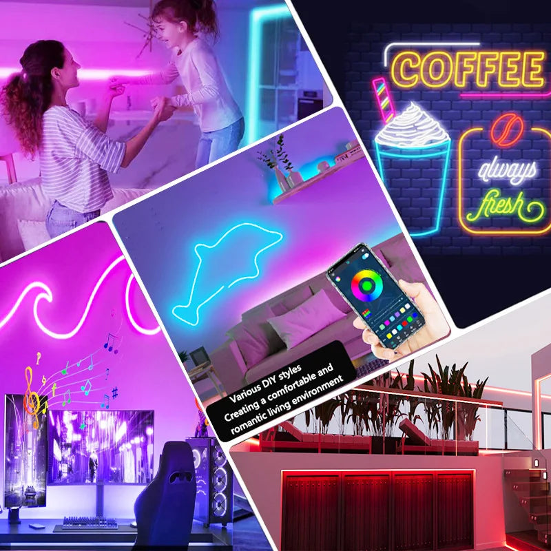 USB 5V RGB LED Neon Strip Light 1m/2m/3m/5m (3.3/6.6/9.8/16.4 ft) WiFi & Bluetooth Smart Strip Tuya Smart Life Alexa Compatible