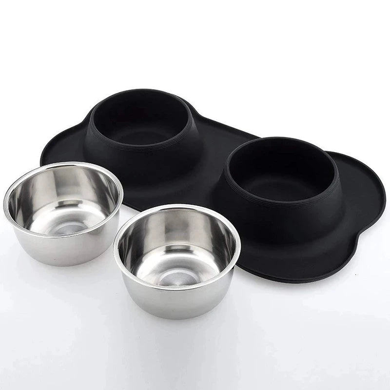 Double Stainless Steel Pet Bowl with Non-Slip Silicone Mat – Durable Food & Water Feeder for Dogs & Cats (S/M/L)