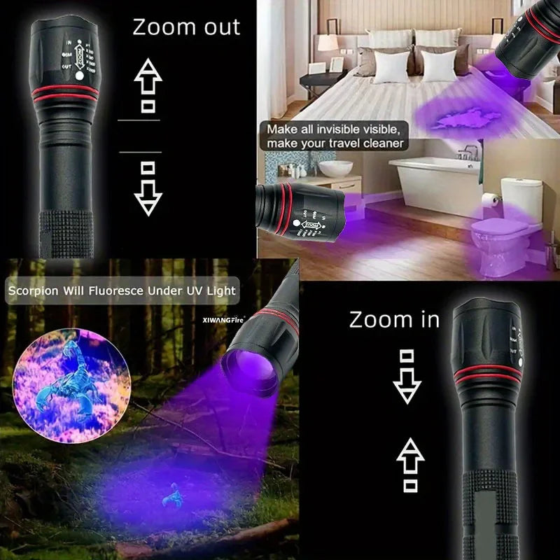 395nm UV LED Flashlight Rechargeable Zoomable - Portable Pet Urine & Bed Bug Detector, Money and Scorpion Finder
