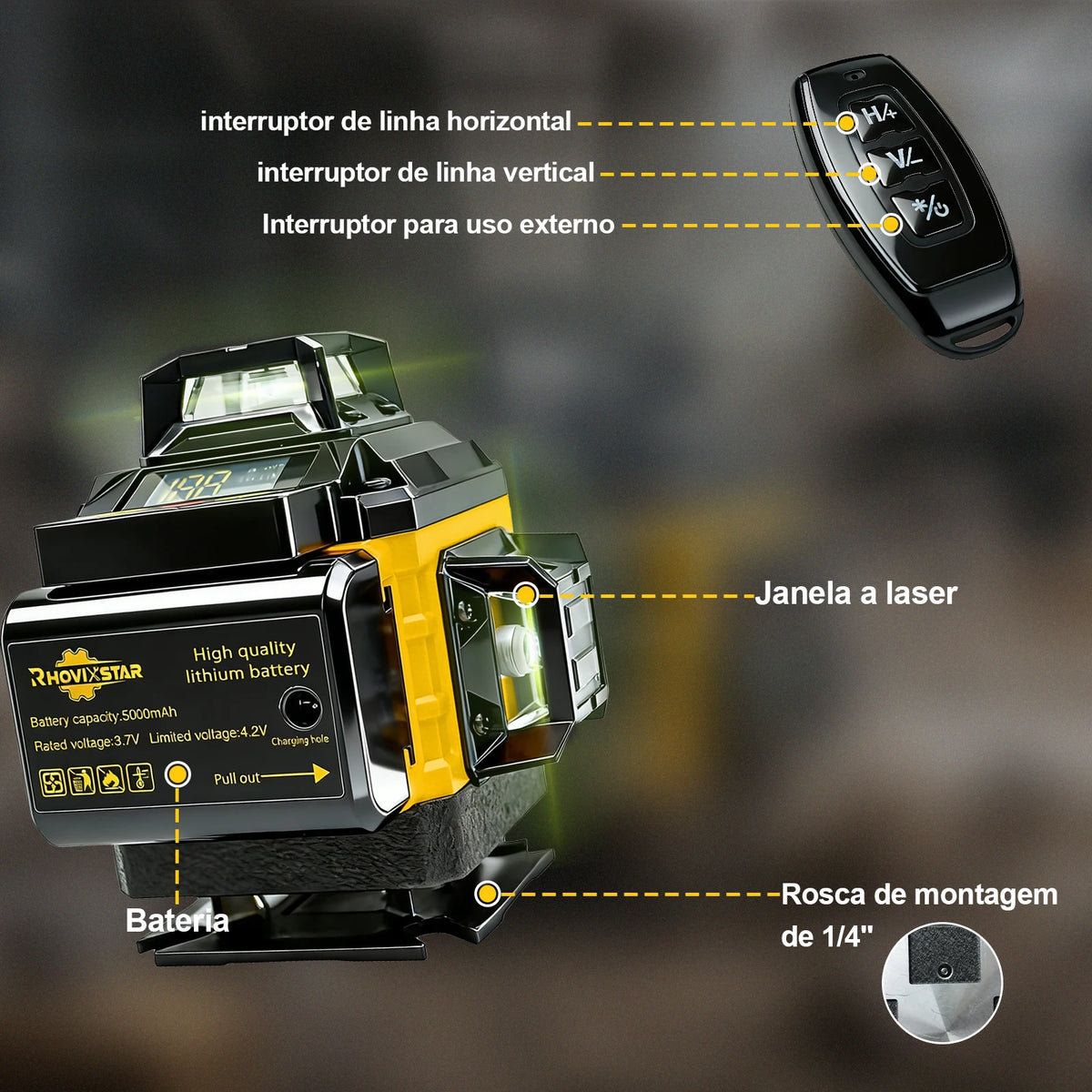 4D 16-Line Self-Leveling Green Laser Level with Remote and 360° Rotating Base for Tile & Flooring Alignment
