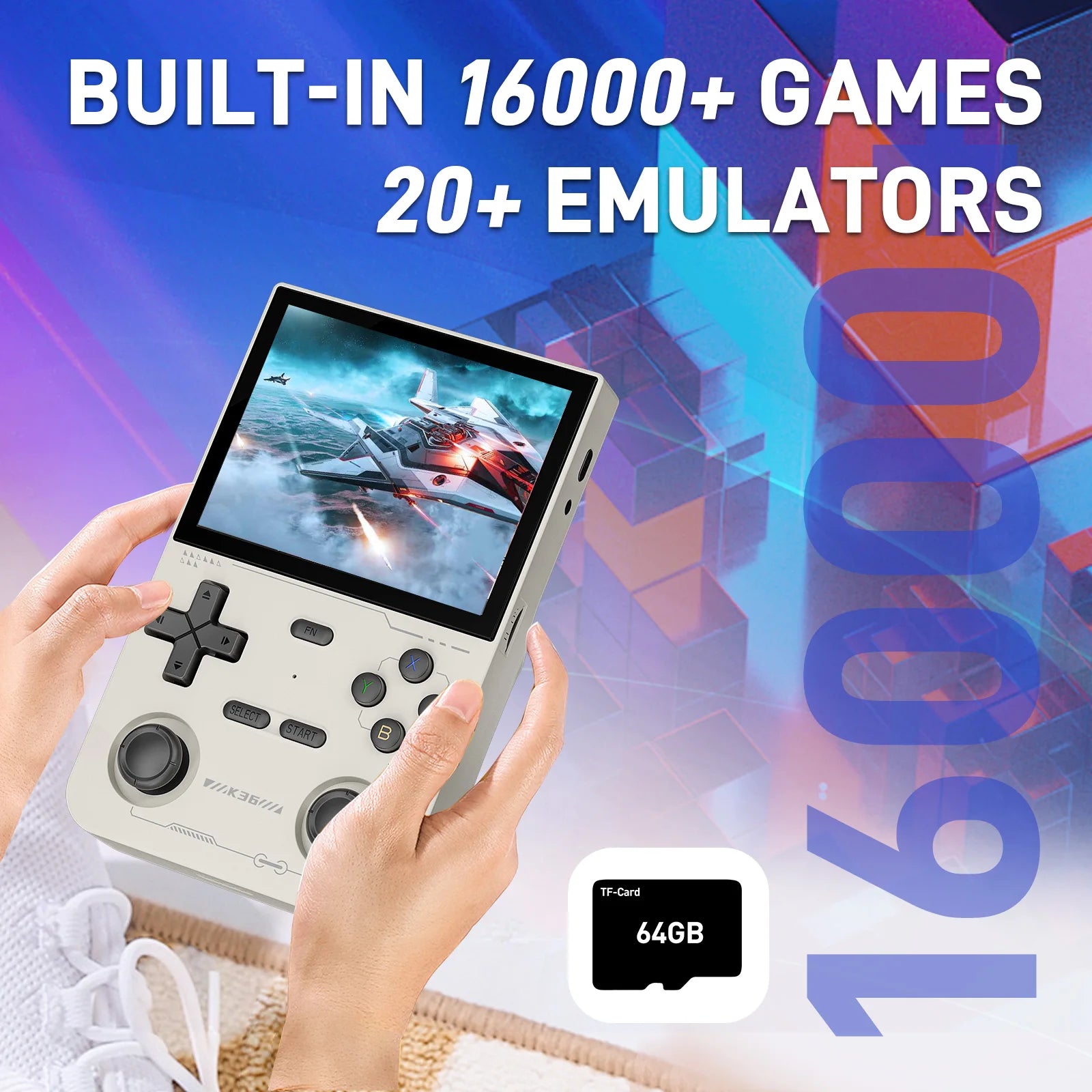 Retro Handheld Emulator Console, 16,000+ Classic Games, 3.5" IPS 500 nit (640x480), RK3326 CPU, 3500mAh, Type-C, 64GB