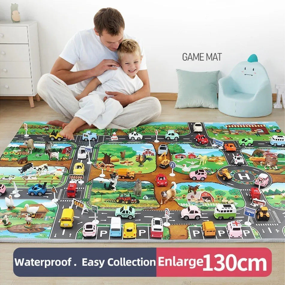Kids Waterproof Playmat 39.4 x 51.2 in (100 x 130 cm) – Portable Foldable Road Map Play Rug with Farm, Animal & Dinosaur Design, Non-Toxic Toddler Activity Mat