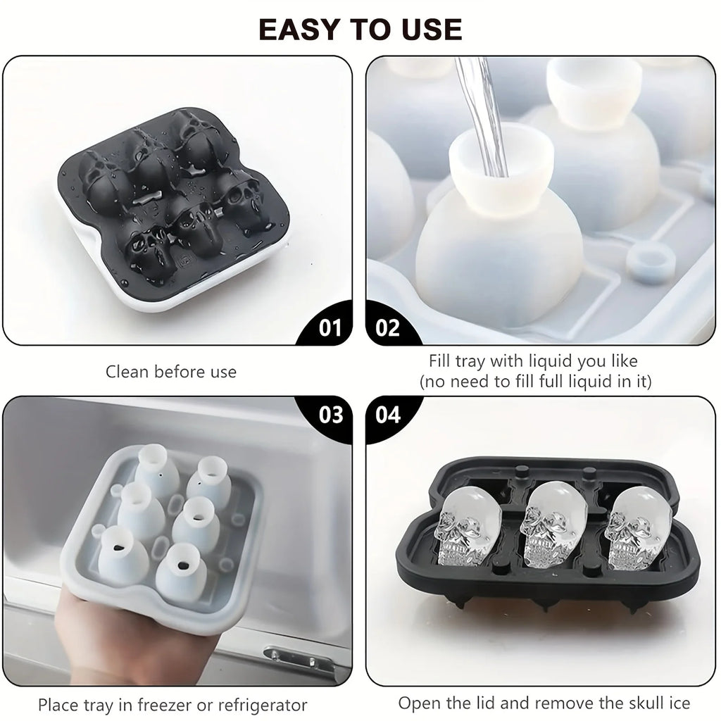 3D Skull Ice Ball Silicone Mold – 4 & 6-Cavity Flexible BPA-Free Ice Trays for Cocktails