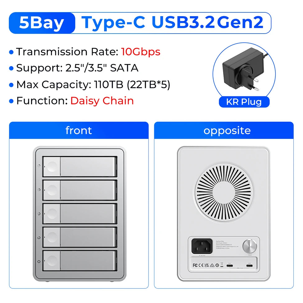 5-Bay 10Gbps SATA HDD & SSD Docking Station, 2.5"/3.5" USB 3.2 Gen2 Type-C Enclosure with Daisy Chain & 150W Power
