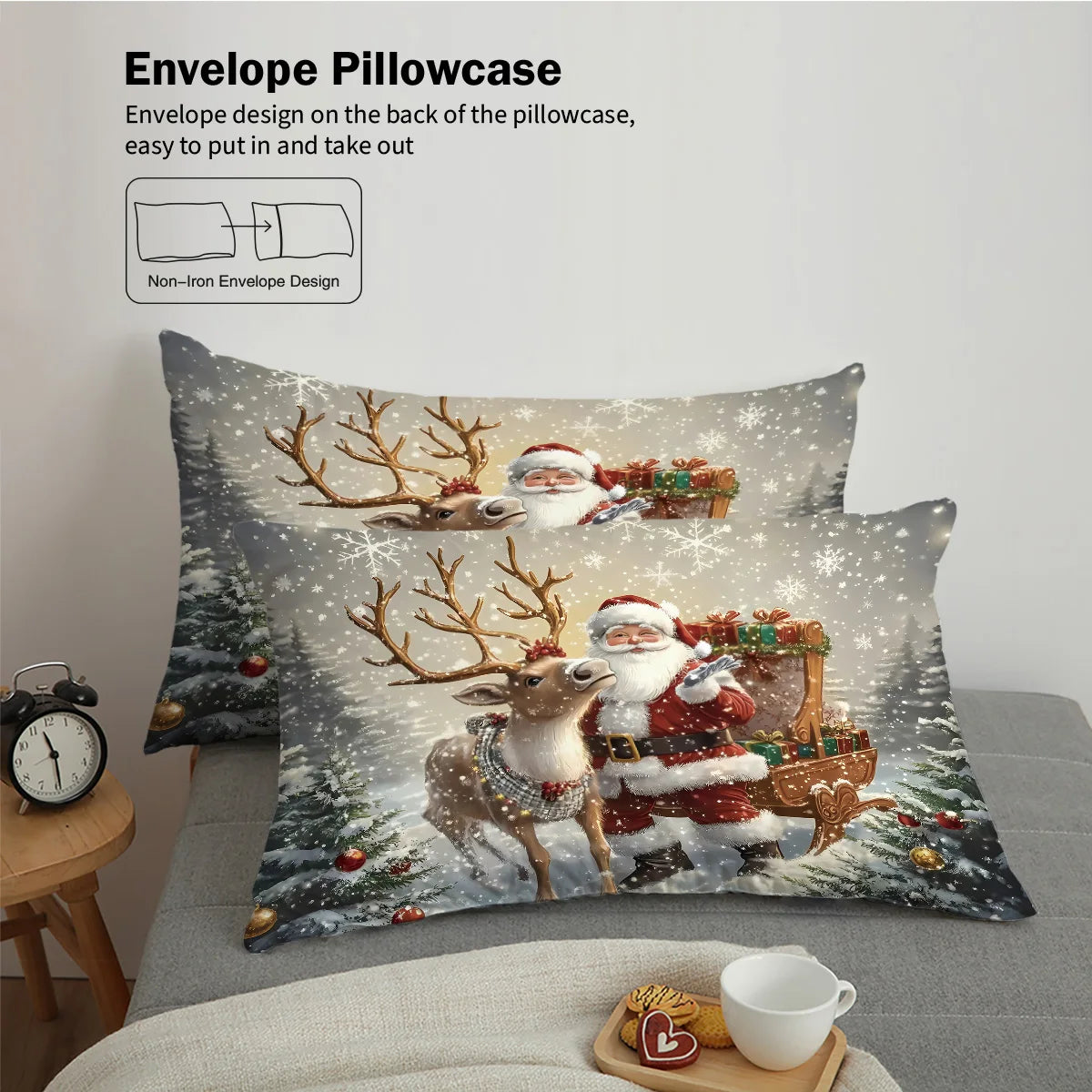 3-Piece Santa Claus Printed Bedding Set – Festive Duvet Cover & Pillowcases, Soft 100% Polyester, Machine Washable, Multiple Sizes (1.0–2.2 m / 3.3–7 ft)