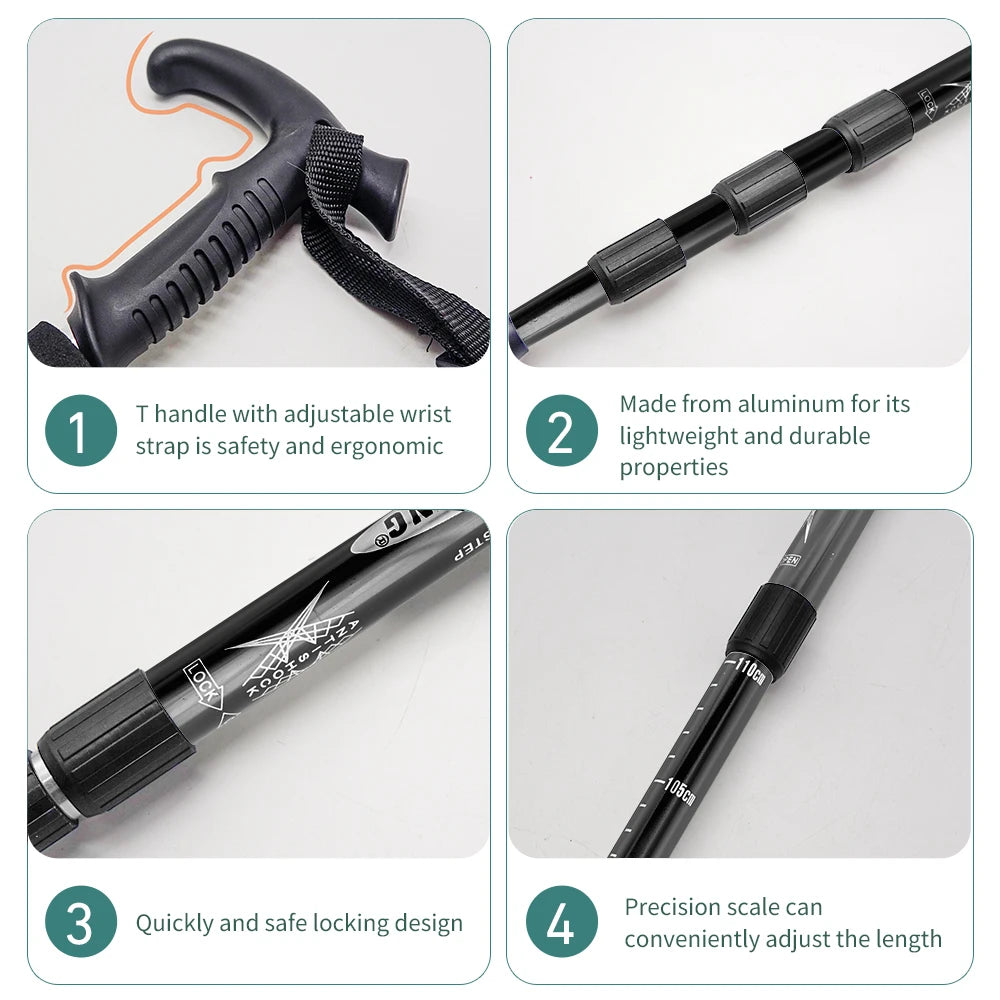 Folding 4-Section Telescopic Trekking Pole - Lightweight Aluminum Hiking Stick with T-Handle, Adjustable 21-43 in (53-110 cm)