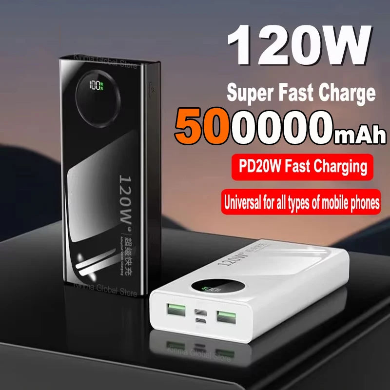 120W Fast Charging Power Bank — Portable Battery 10000/30000/50000mAh with Built-in Cable & LED Display