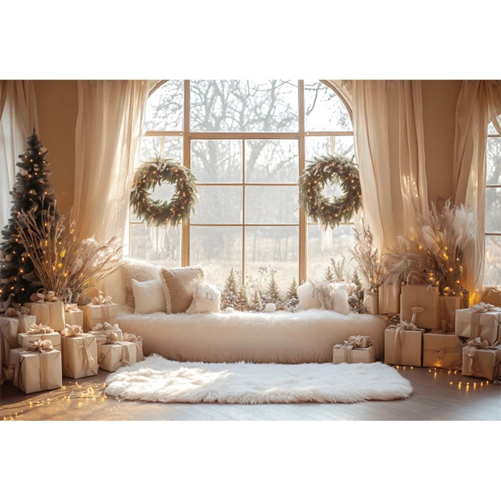 Christmas Fireplace Photography Backdrop — Gingerbread House & Wooden Window Holiday Photo Background for Kids & Family