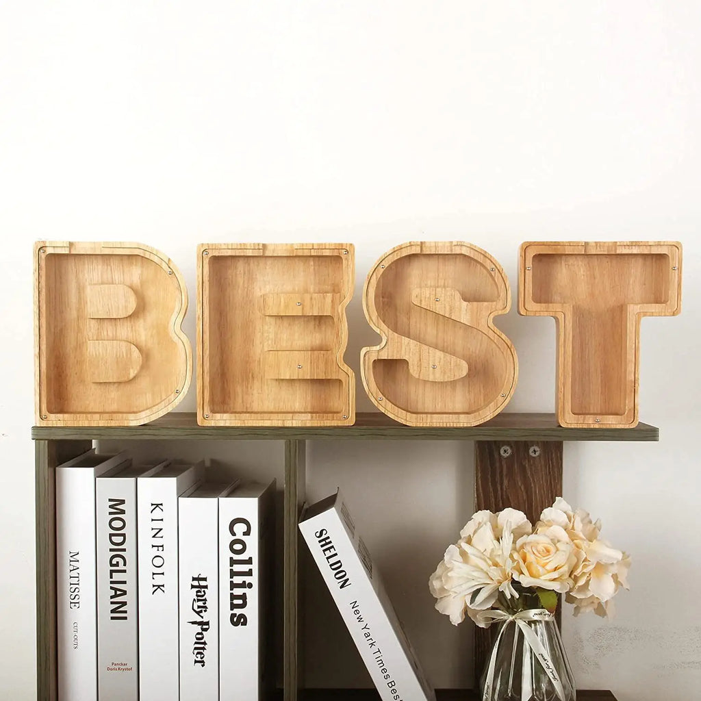 26-Letter Wooden Piggy Bank Alphabet Moneybox Coin Saving Box for Kids Desktop Home Decor