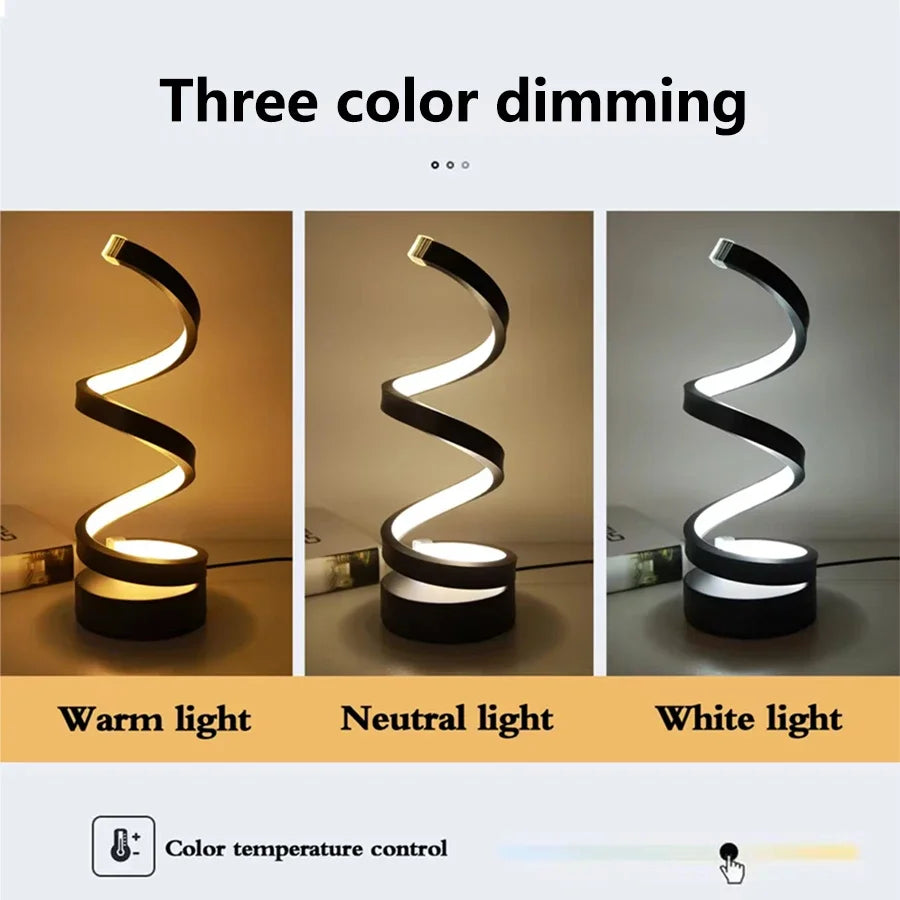 USB Plug-In Spiral LED Night Light – Dimmable 3-Color Adjustable Bedside Desk Lamp for Bedroom, Living Room, Office