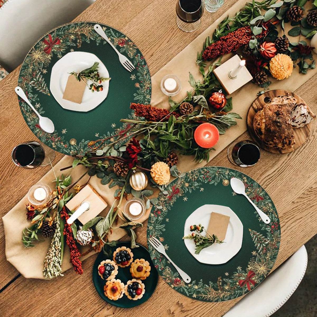 4-Pack Christmas Pinecone Red Berry Placemats 15 x 15 in (38 x 38 cm) Holiday Table Decor