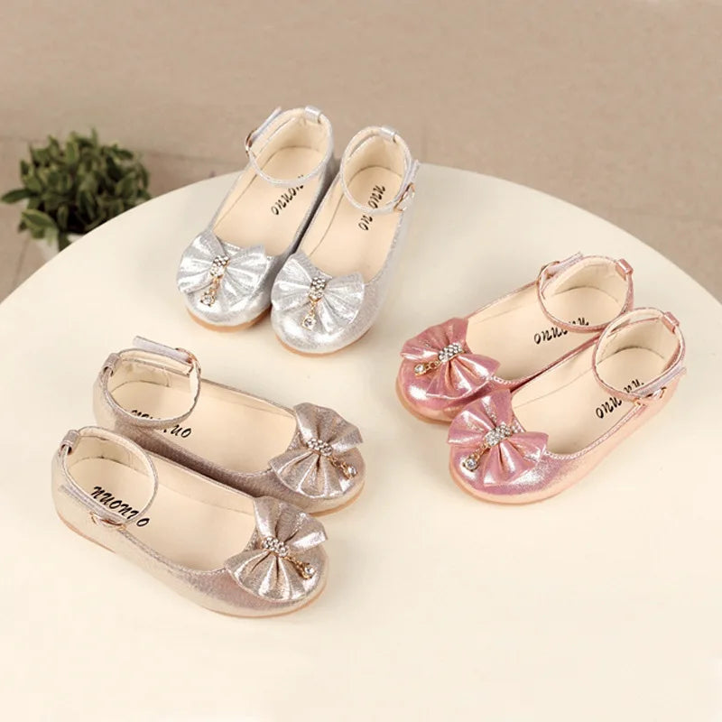 Girls Princess PU Leather Ballet Flats with Ankle Strap & Bow – Spring Autumn Dress Shoes for Kids 3-12