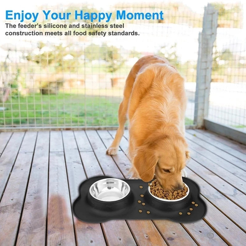Double Stainless Steel Pet Bowl with Non-Slip Silicone Mat – Durable Food & Water Feeder for Dogs & Cats (S/M/L)