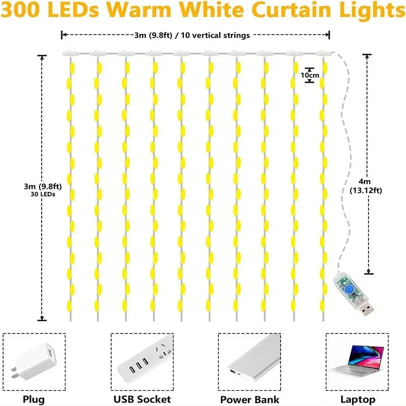 3 x 3m (9.8 x 9.8 ft) LED Curtain String Lights — 300 LED USB Remote, 8 Modes, IP65 Waterproof Fairy Lights for Home Wedding Christmas Party