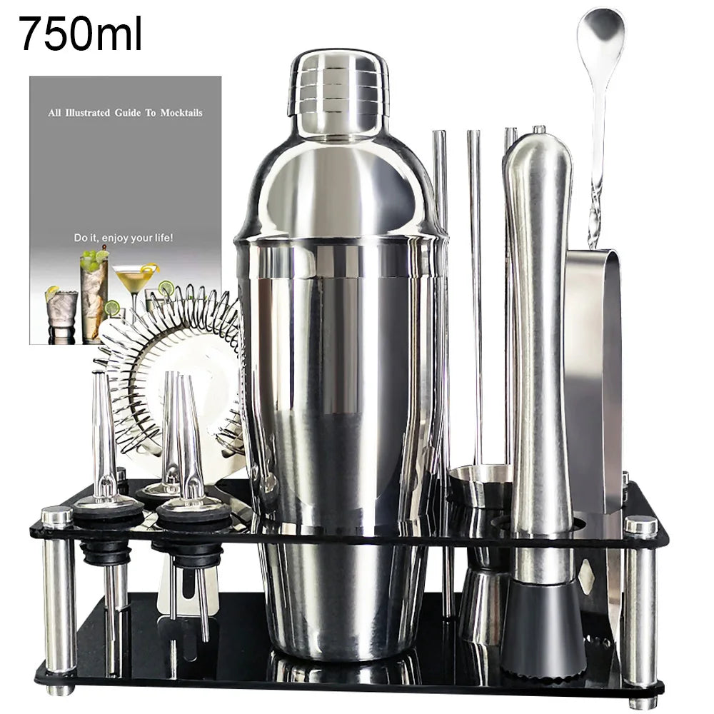 13-22 Pc Boston Cocktail Bar Tool Set – Stainless Steel Shakers 750ml/600ml with Acrylic Holder
