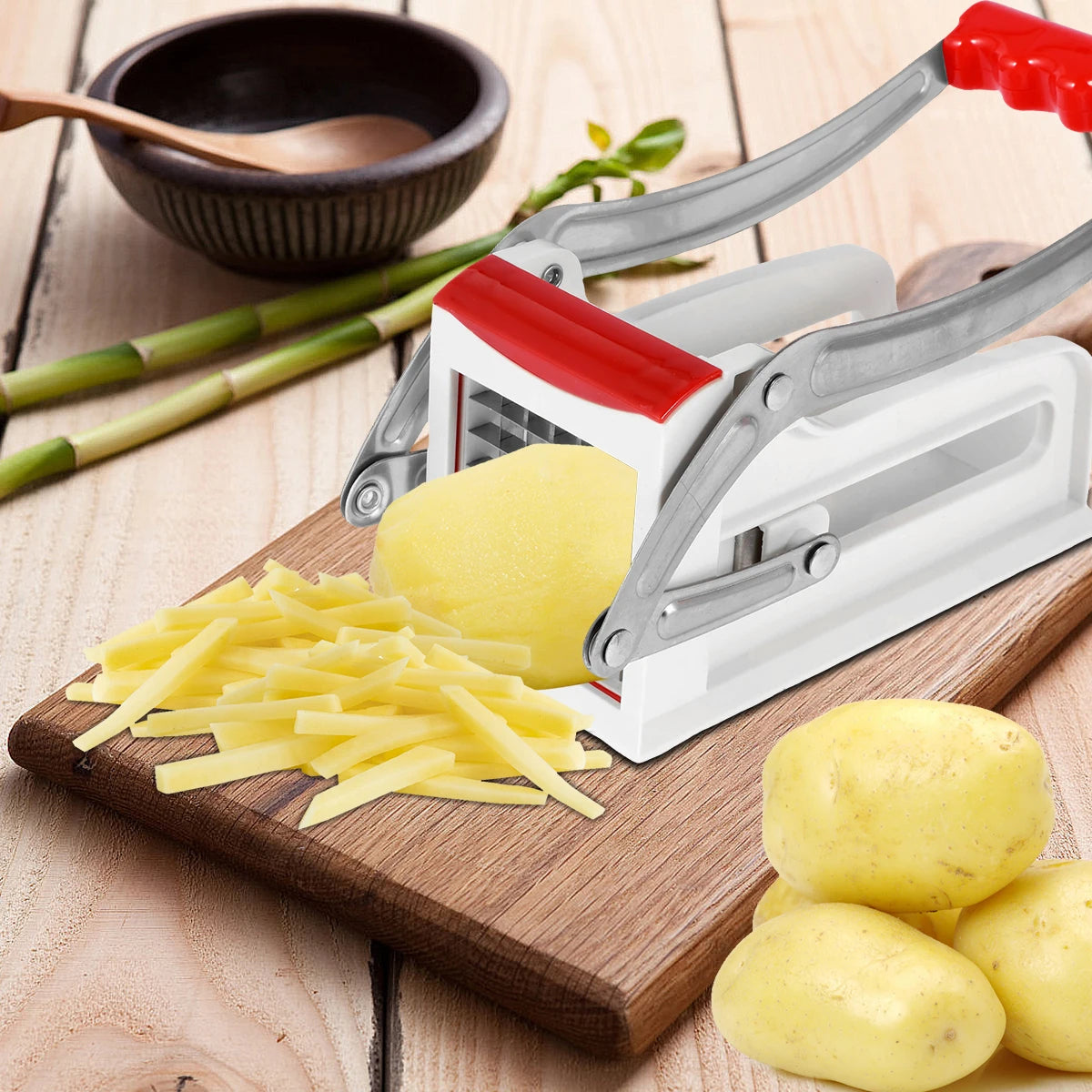 French Fry Cutter Stainless Steel Potato Chipper with 25 & 49-Hole Blades - Manual Vegetable Slicer with Suction Base
