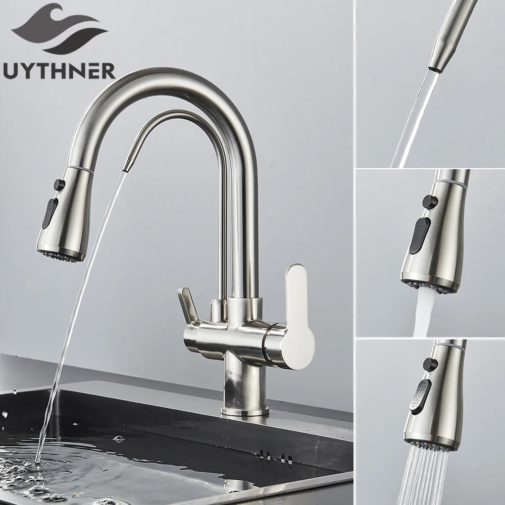 Brass Kitchen Water Filter Faucet Dual-Spout Mixer – 360° Swivel Filtered Drinking Tap, Hot & Cold