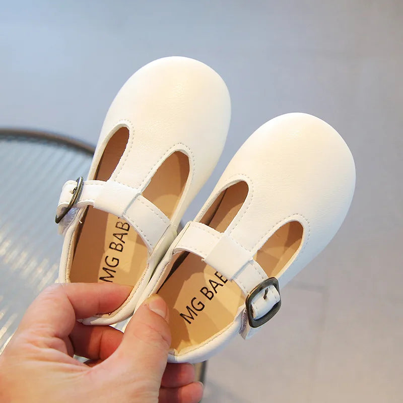 Spring and Autumn Kids T-Strap PU Leather Mary Jane Shoes Non-Slip Buckle Flats for Toddlers Girls and Boys
