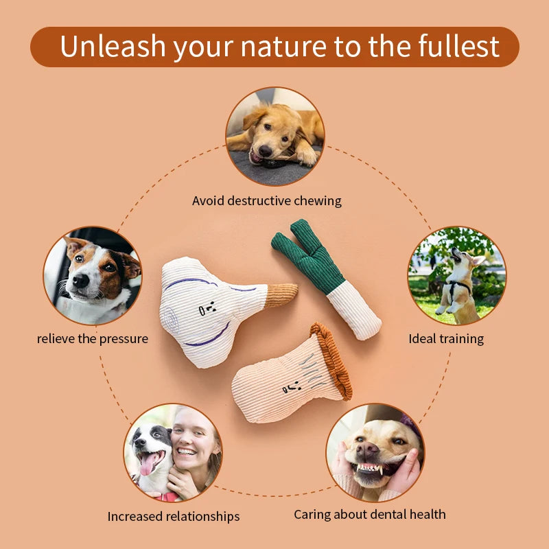 3-Pack Plush Squeaky Dog Toys — Garlic, Mushroom & Onion Soft Fleece Squeakers for Small & Medium Dogs