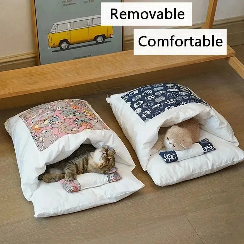 Kawaii Cat Cave Bed with Removable Cover – Plush Pet House for Cats & Small Dogs (S/M/L, 45–65 cm / 17.7–25.6 in)