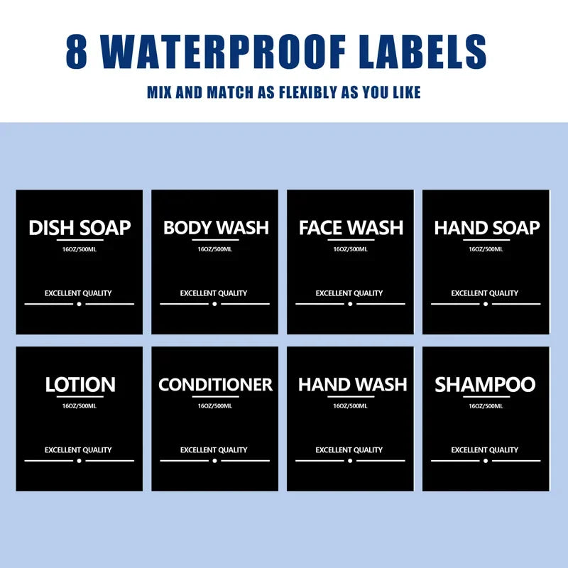 500ml (16.9 fl oz) Amber Refillable Pump Bottle Set with Black Label Stickers - Shampoo, Shower Gel & Liquid Soap Dispensers for Bathroom & Kitchen