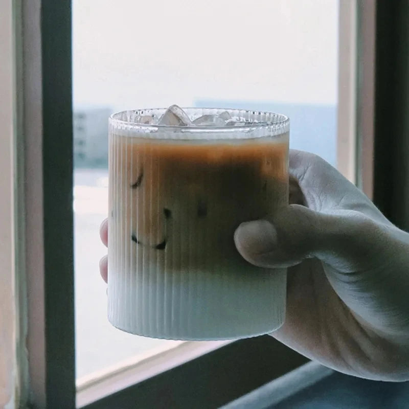 300ml (10 fl oz) Japanese Striped Origami Glass Cup, Transparent Multi-Purpose Drinkware for Coffee, Bubble Tea and Whiskey