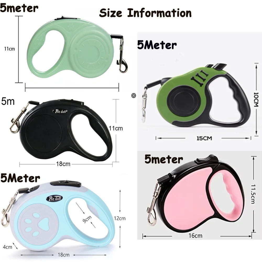 Retractable Dog Leash 3m/5m (9.8ft/16.4ft) Nylon Rope with Quick-Release ABS Case and Paw Print Keychain